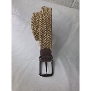 Penguin Mens Braided Stretch Belt Beige Yellow Sz 30-32 Leather Tabs New